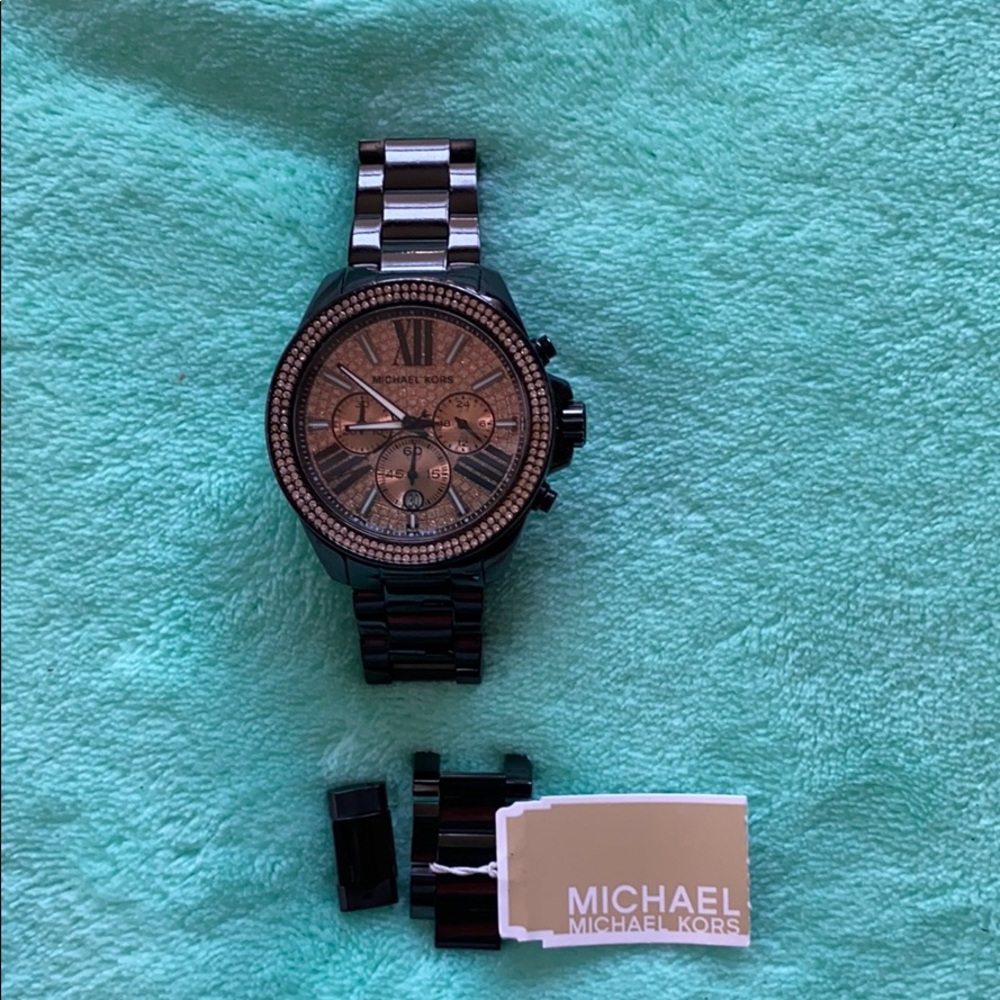 Michael Kors black ceramic watch pink glitter face
